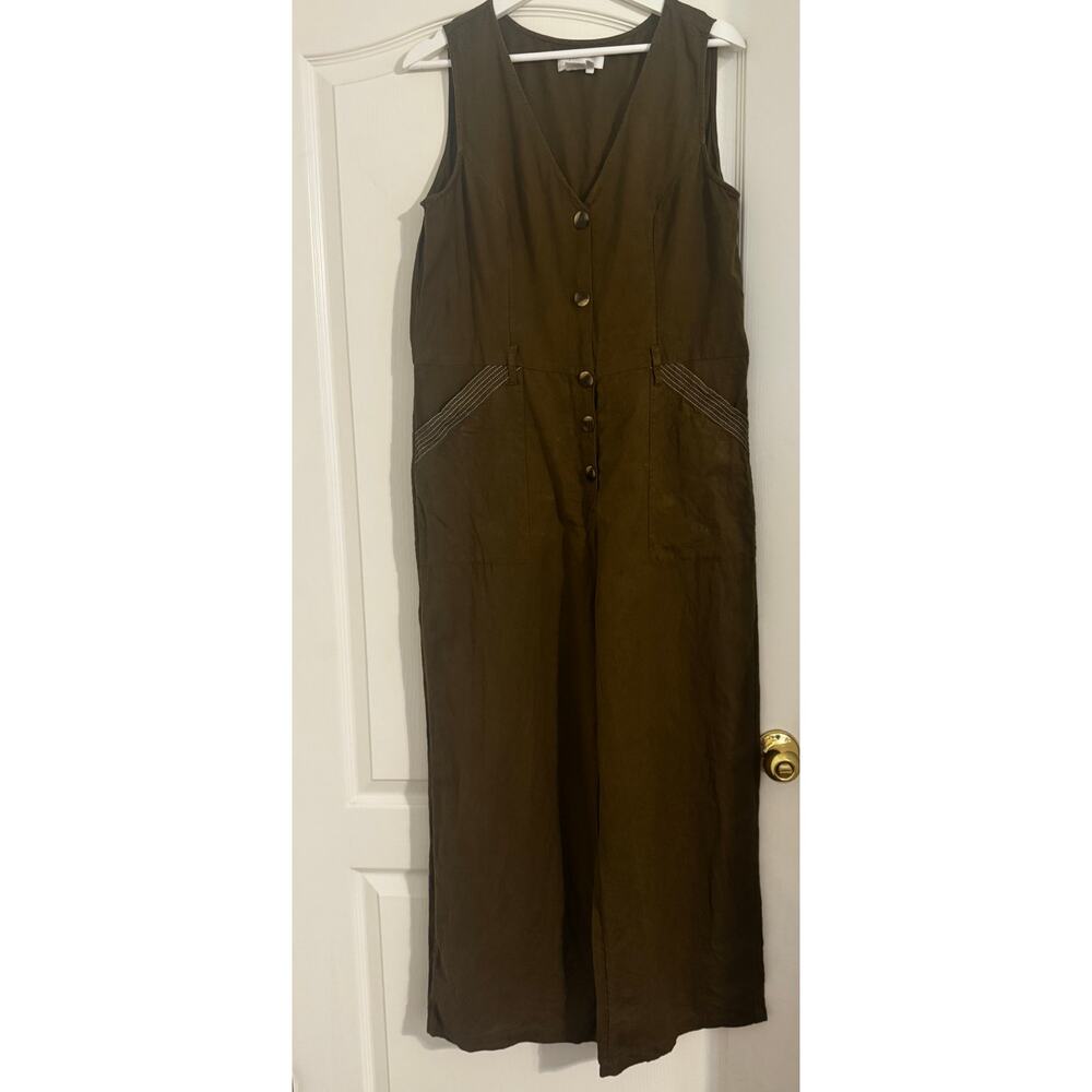 Anthropologie Olive Green Sleeveless Button-Front Jumpsuit